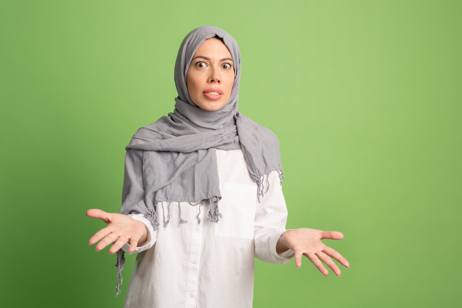 Argue, Arguing Concept. Arab Woman In Hijab. Portrait Of Girl, Posing At Studio Background